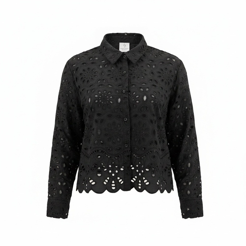 Joie Eyelet Top XL Black Cotton Scalloped Button Up Feminine Classic Romantic